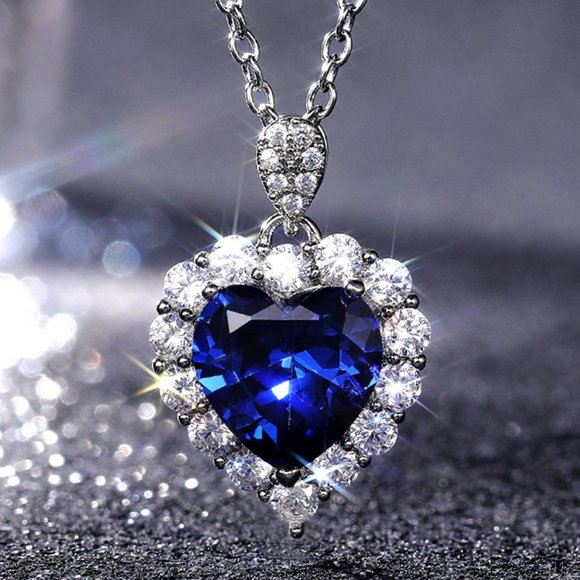 NEW Silver Blue Sapphire Heart Round Diamond Halo Necklace - Picture 2 of 7